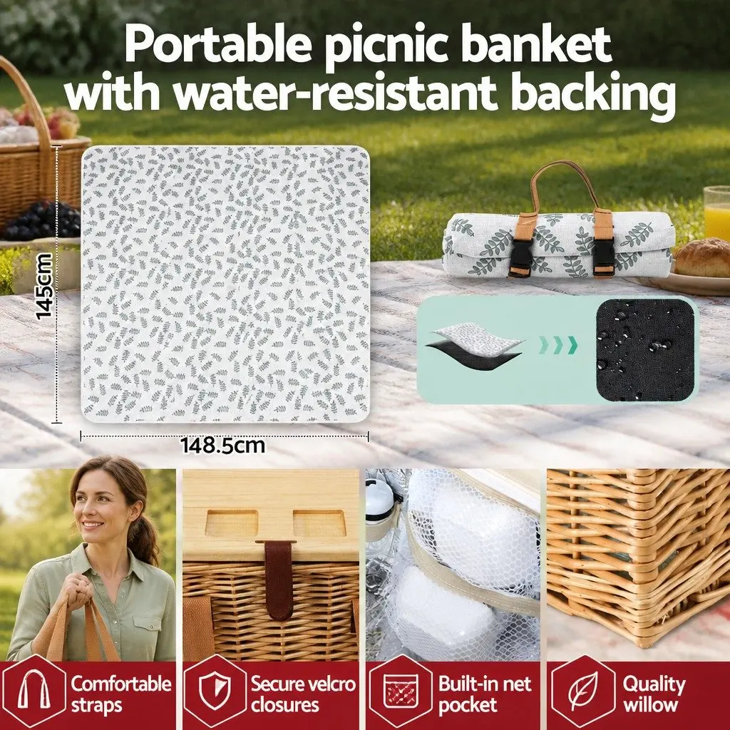 Picnic Basket Set Willow Woven for 2 Person with Wood Table Blanket Cooler