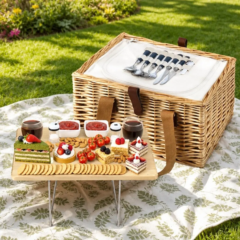 Picnic Basket Set Willow Woven for 2 Person with Wood Table Blanket Cooler