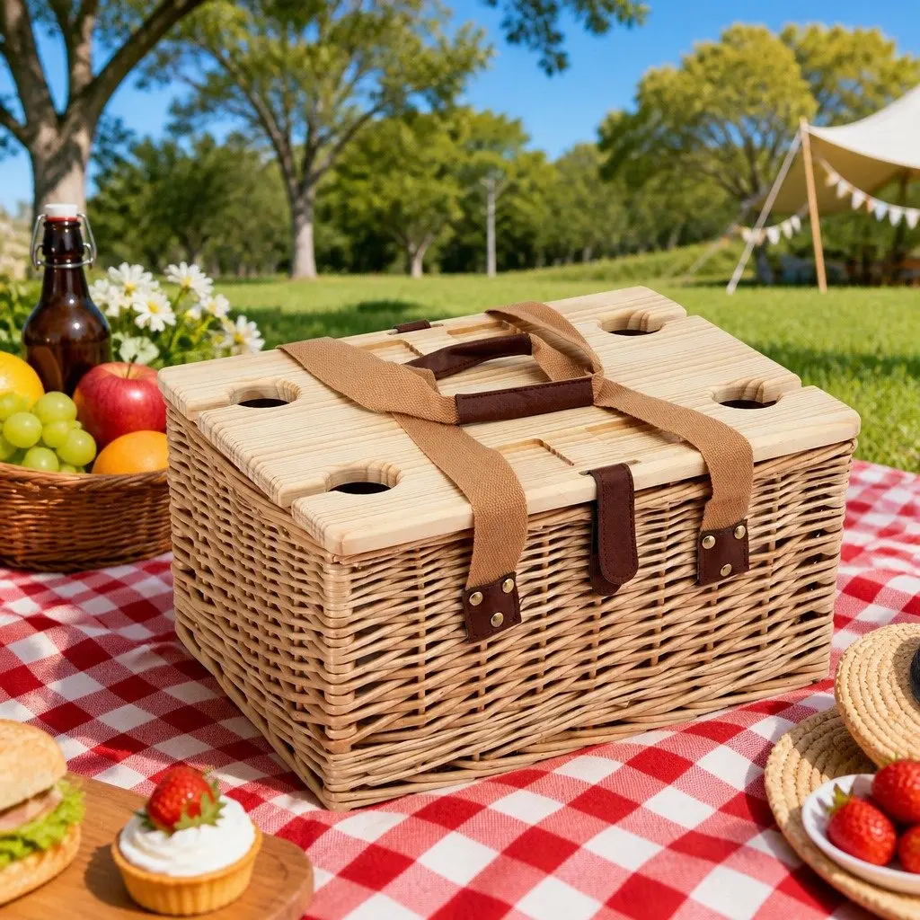 Picnic Basket Set Willow Insulated Cooler Blanket Wine Table Cutlery for 4 Person