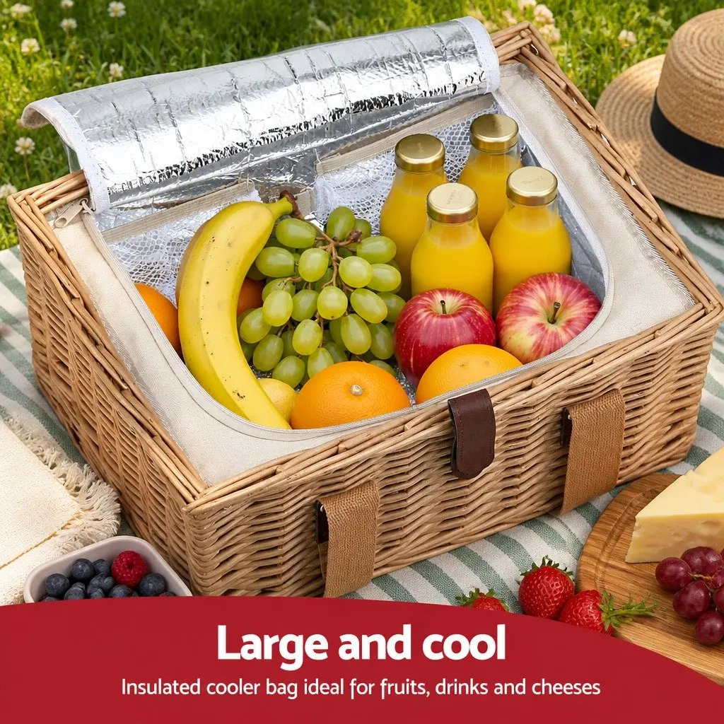 Picnic Basket Set Willow Insulated Cooler Blanket Wine Table Cutlery for 4 Person