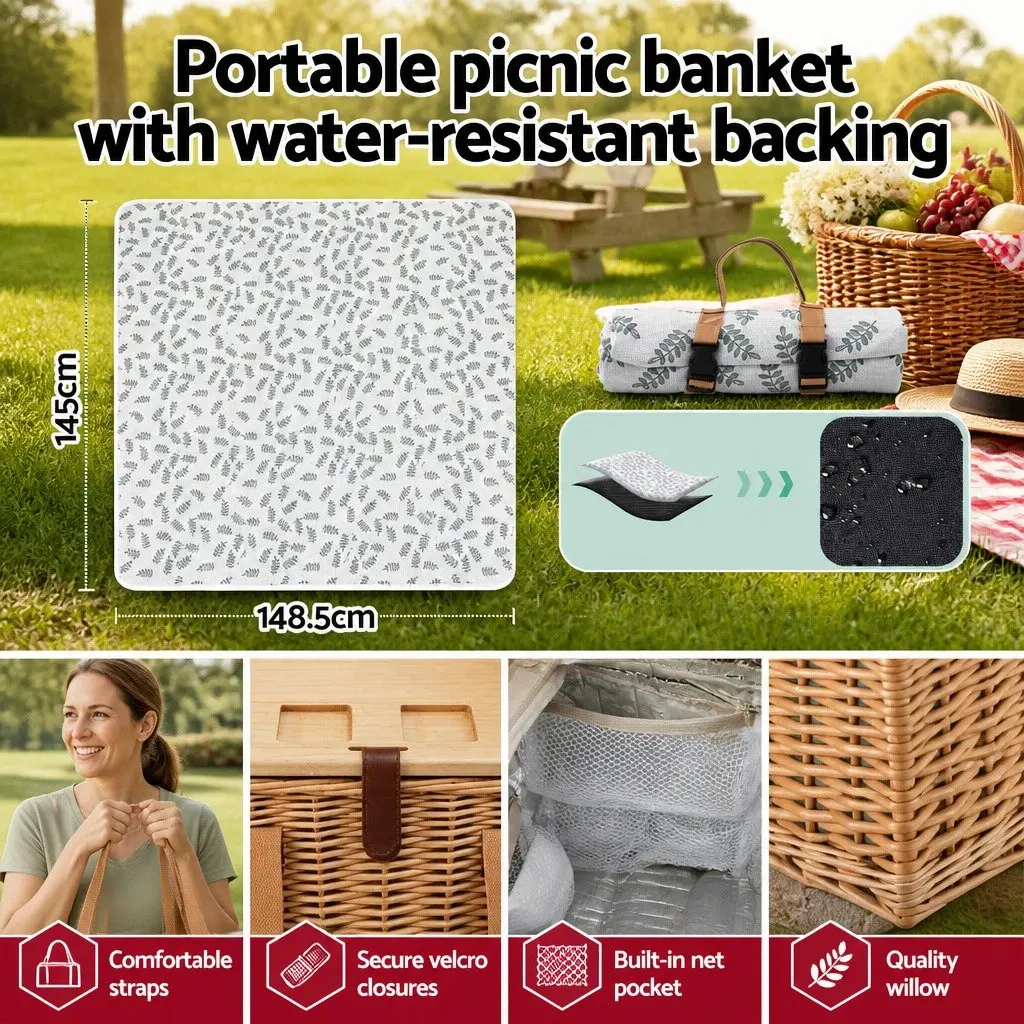 Picnic Basket Set Willow Insulated Cooler Blanket Wine Table Cutlery for 4 Person
