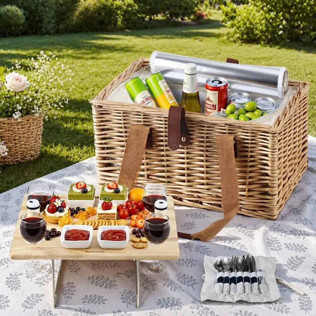 Picnic Basket Set Willow Insulated Cooler Blanket Wine Table Cutlery for 4 Person