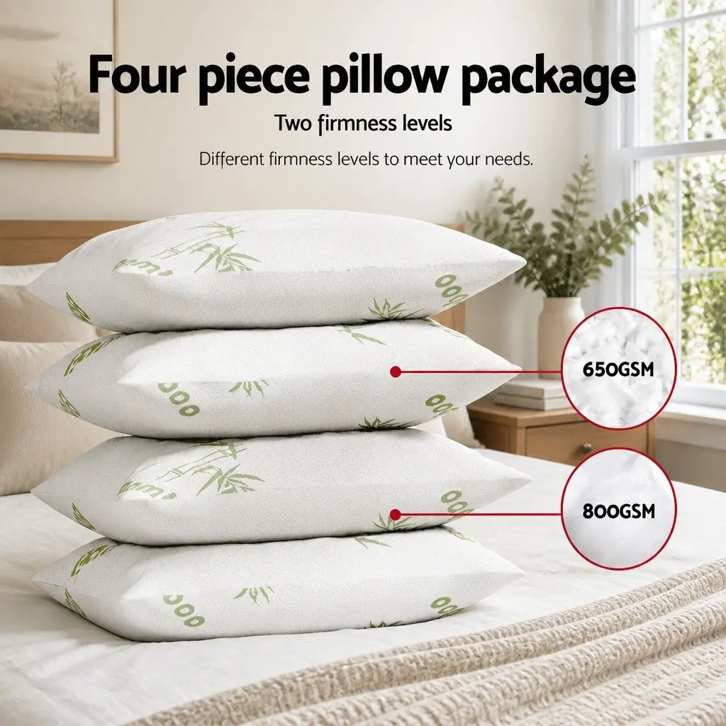 Bamboo Pillow Set 4 Pack Medium Firm and Firm White