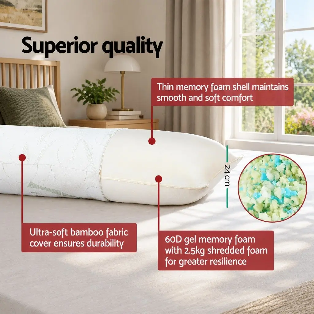 Body Support Pillow Full Length Memory Foam White Bamboo Cover Machine Washable