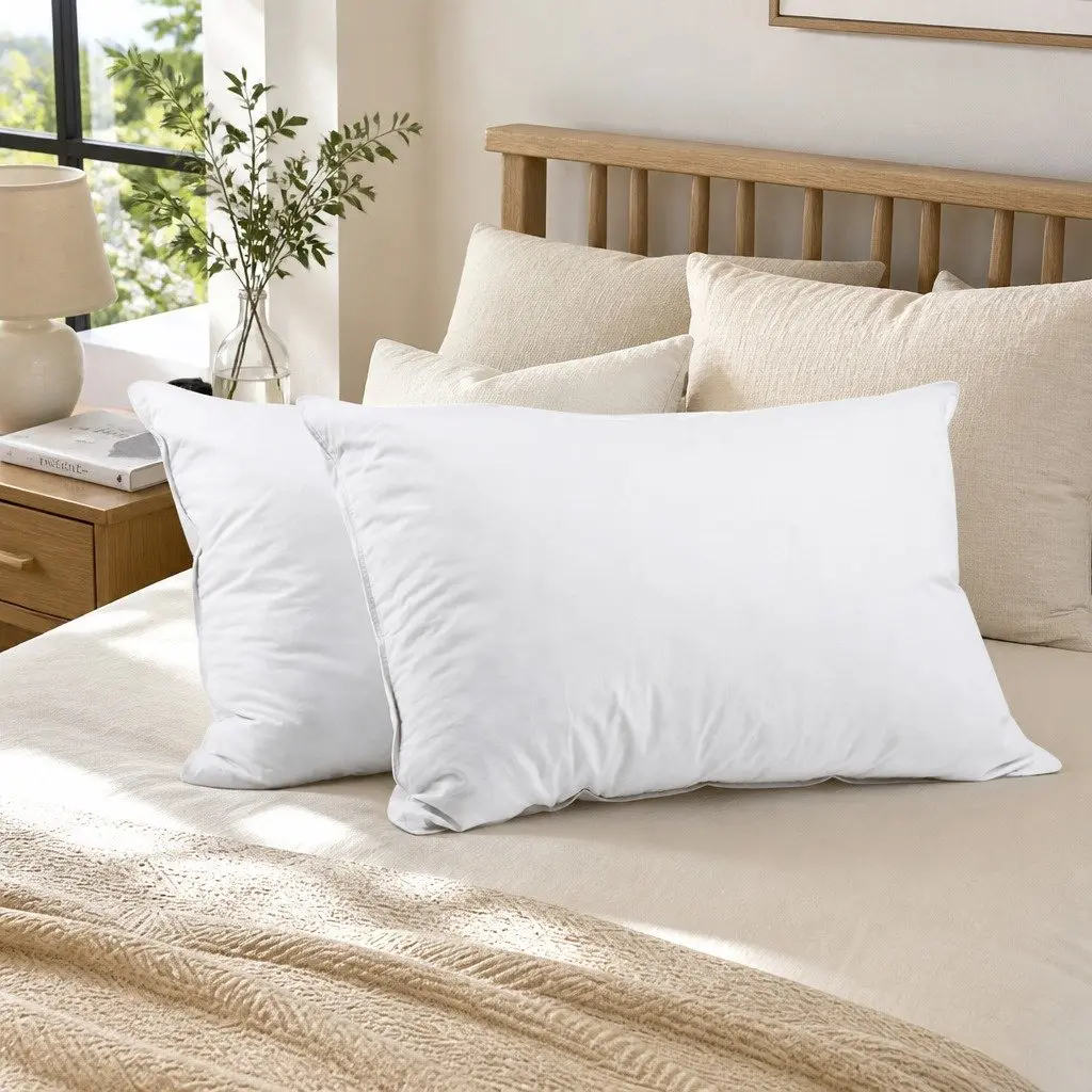 Duck Feather Down Pillow Twin Pack Hypoallergenic Cotton Casing 73 x 48cm White