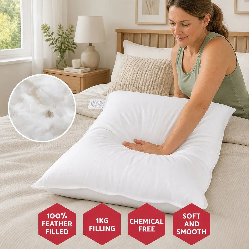 Duck Feather Down Pillow Twin Pack Hypoallergenic Cotton Casing 73 x 48cm White