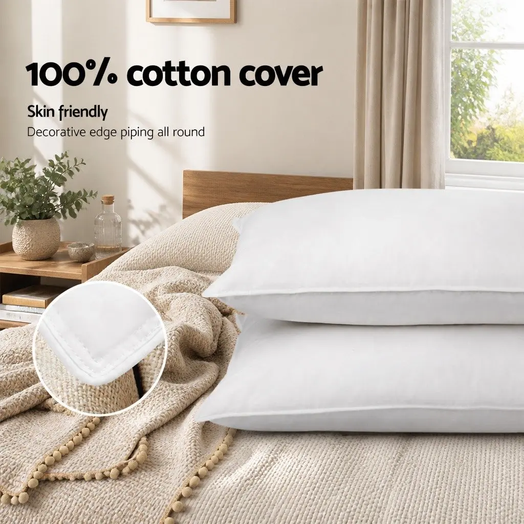 Duck Feather Down Pillow Twin Pack Hypoallergenic Cotton Casing 73 x 48cm White