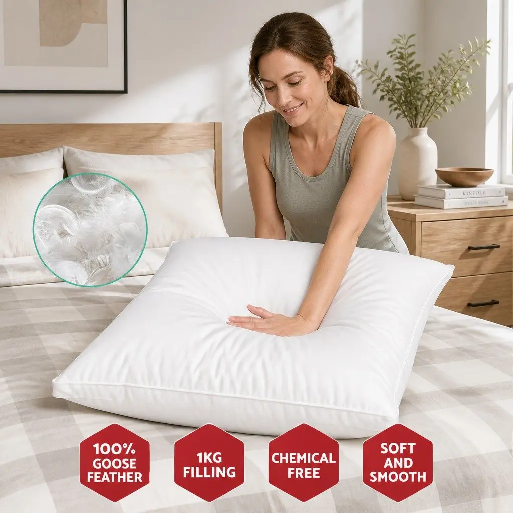 Goose Feather Down Pillow Twin Pack White Standard Size 75 x 50cm Head Neck Support