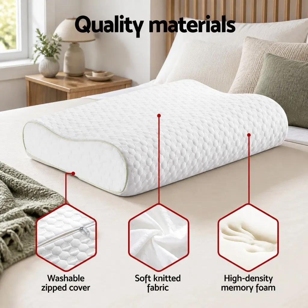 Memory Foam Pillow Contour Neck Support White Ergonomic Design Removable Cover