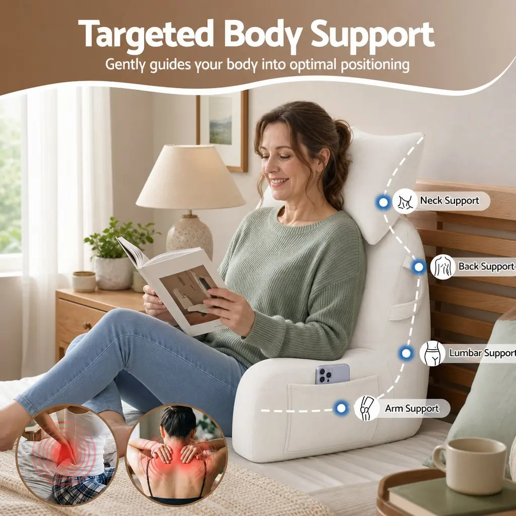 Reading Pillow Detachable Neck Roll with Armrests Backrest Support Beige