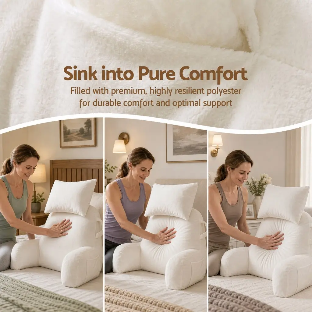 Reading Pillow Detachable Neck Roll with Armrests Backrest Support Beige