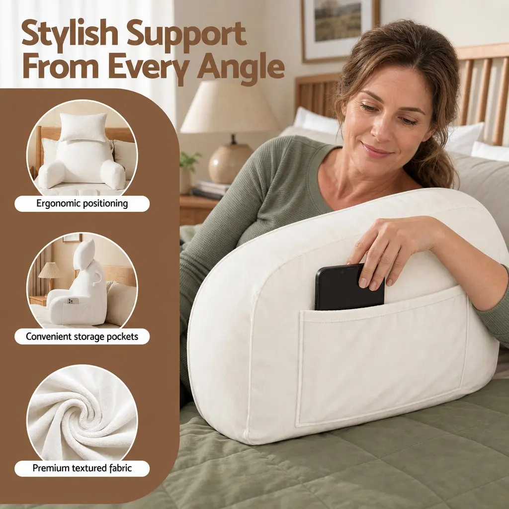 Reading Pillow Detachable Neck Roll with Armrests Backrest Support Beige