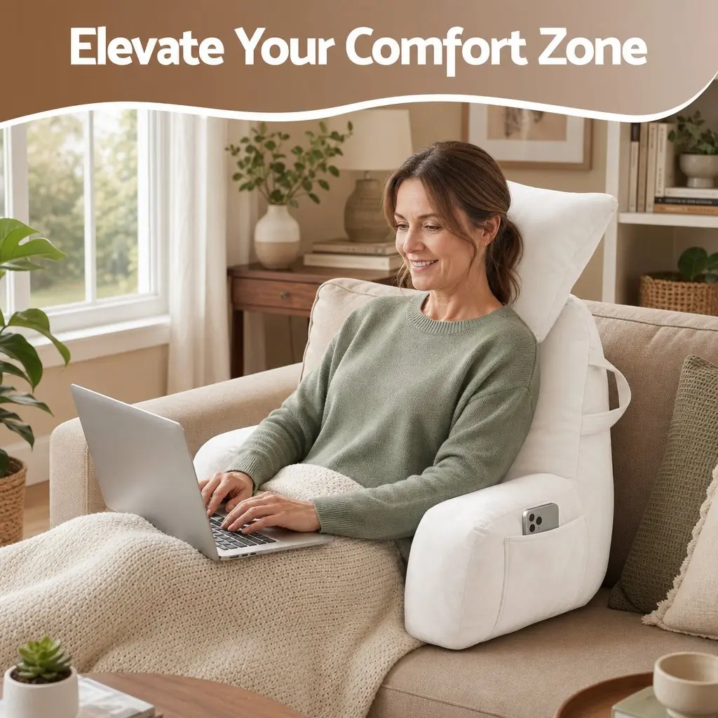 Reading Pillow Detachable Neck Roll with Armrests Backrest Support Beige