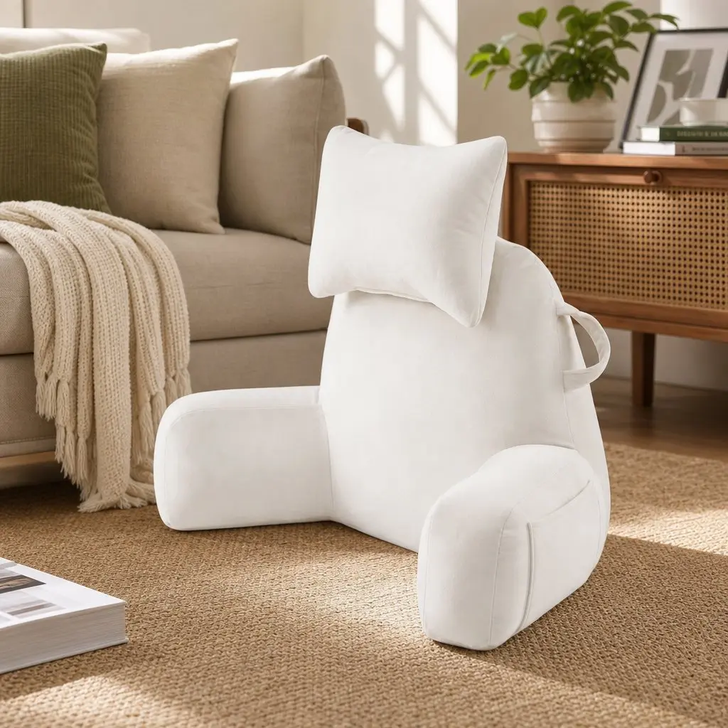Reading Pillow Detachable Neck Roll with Armrests Backrest Support Beige