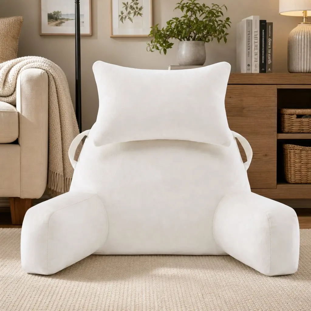 Reading Pillow Detachable Neck Roll with Armrests Backrest Support Beige