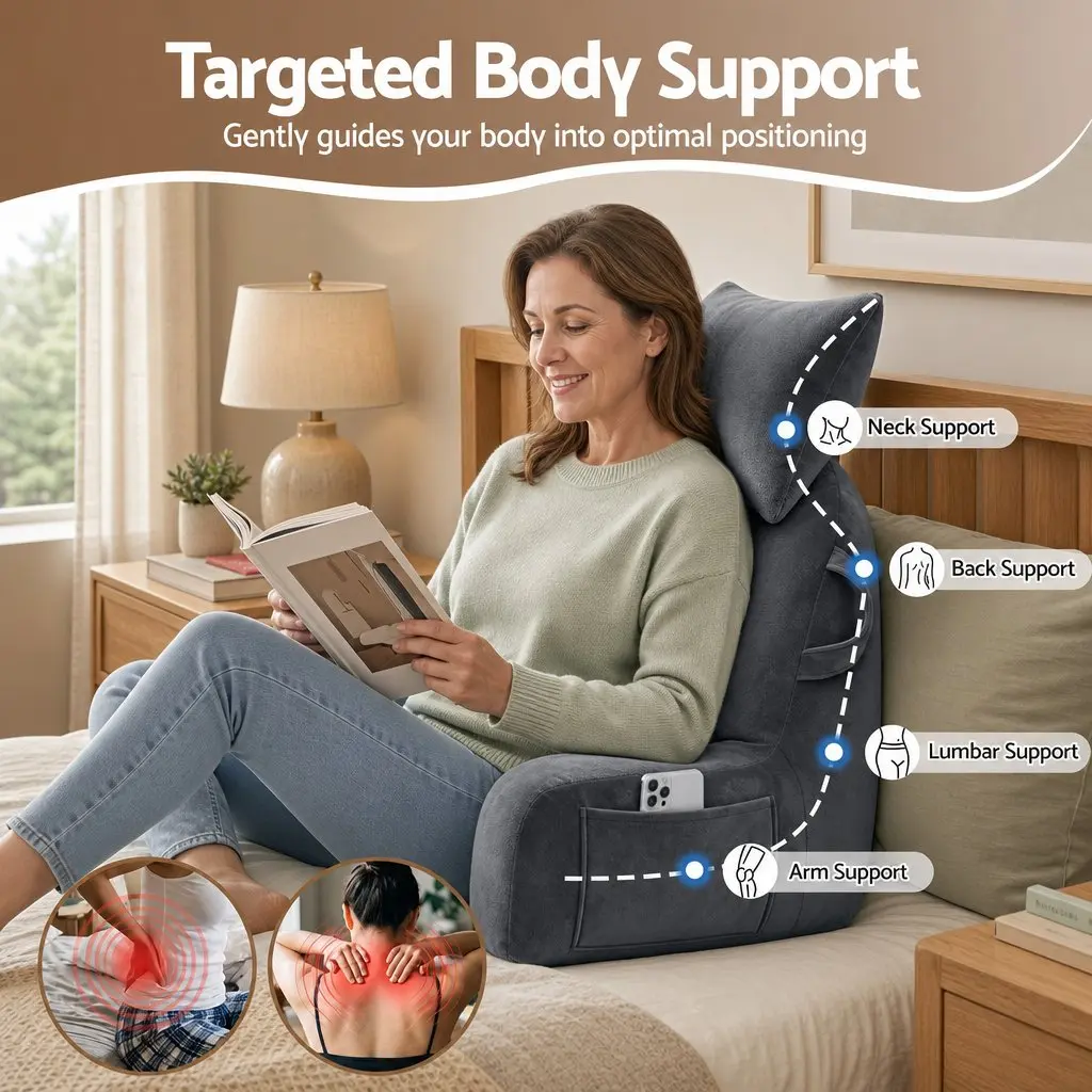 Reading Pillow with Detachable Neck Roll Extended Armrests Grey