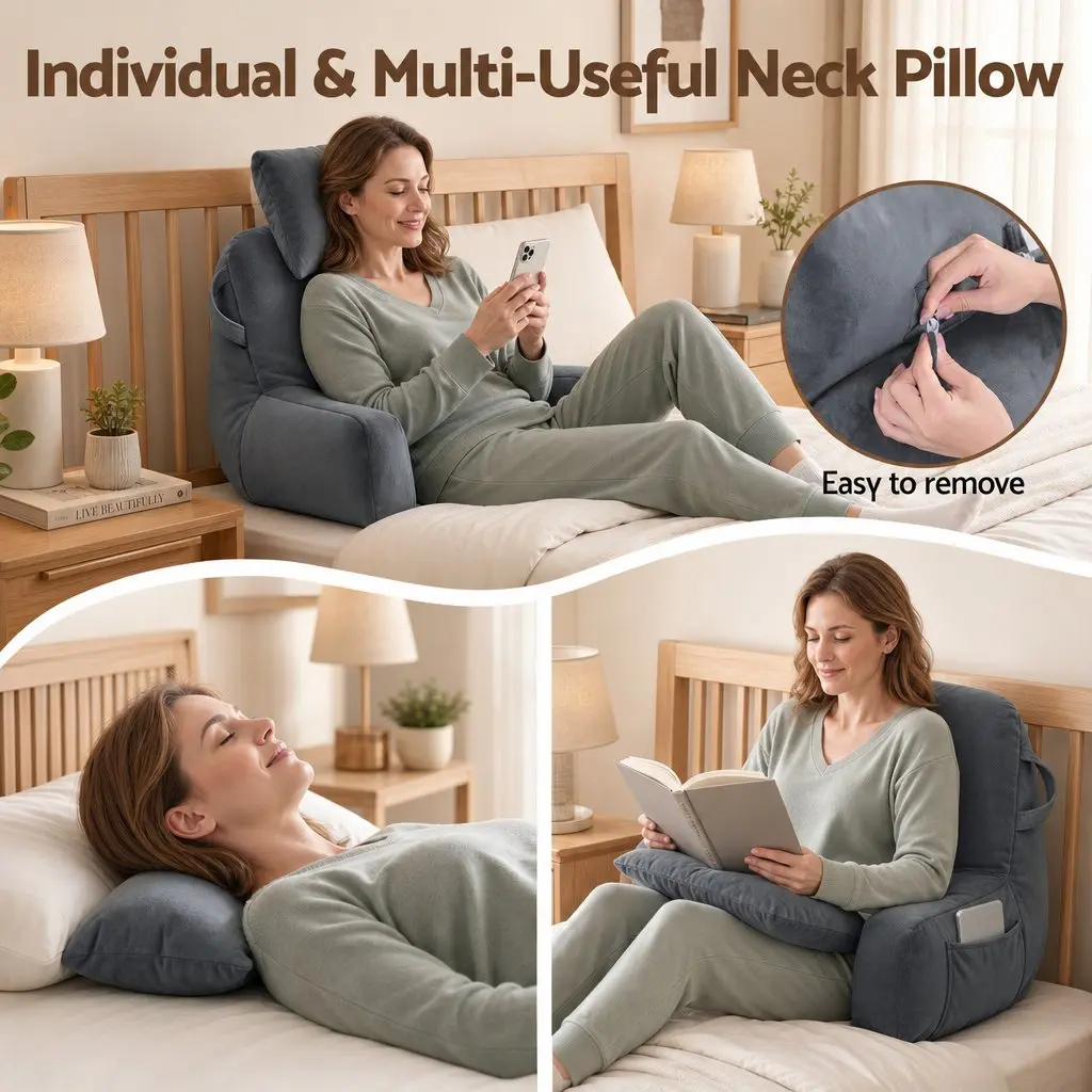 Reading Pillow with Detachable Neck Roll Extended Armrests Grey