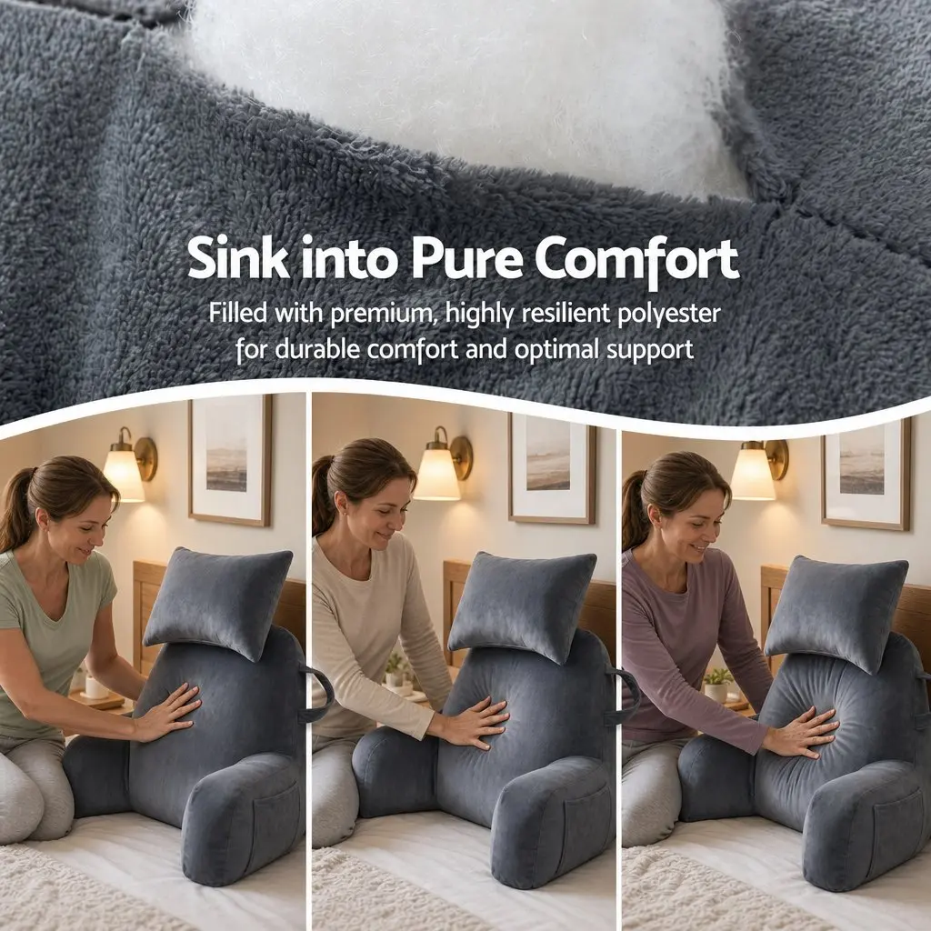Reading Pillow with Detachable Neck Roll Extended Armrests Grey