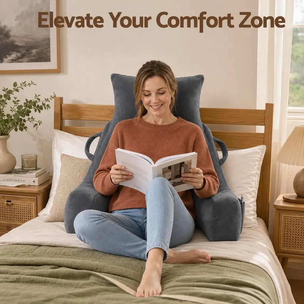 Reading Pillow with Detachable Neck Roll Extended Armrests Grey
