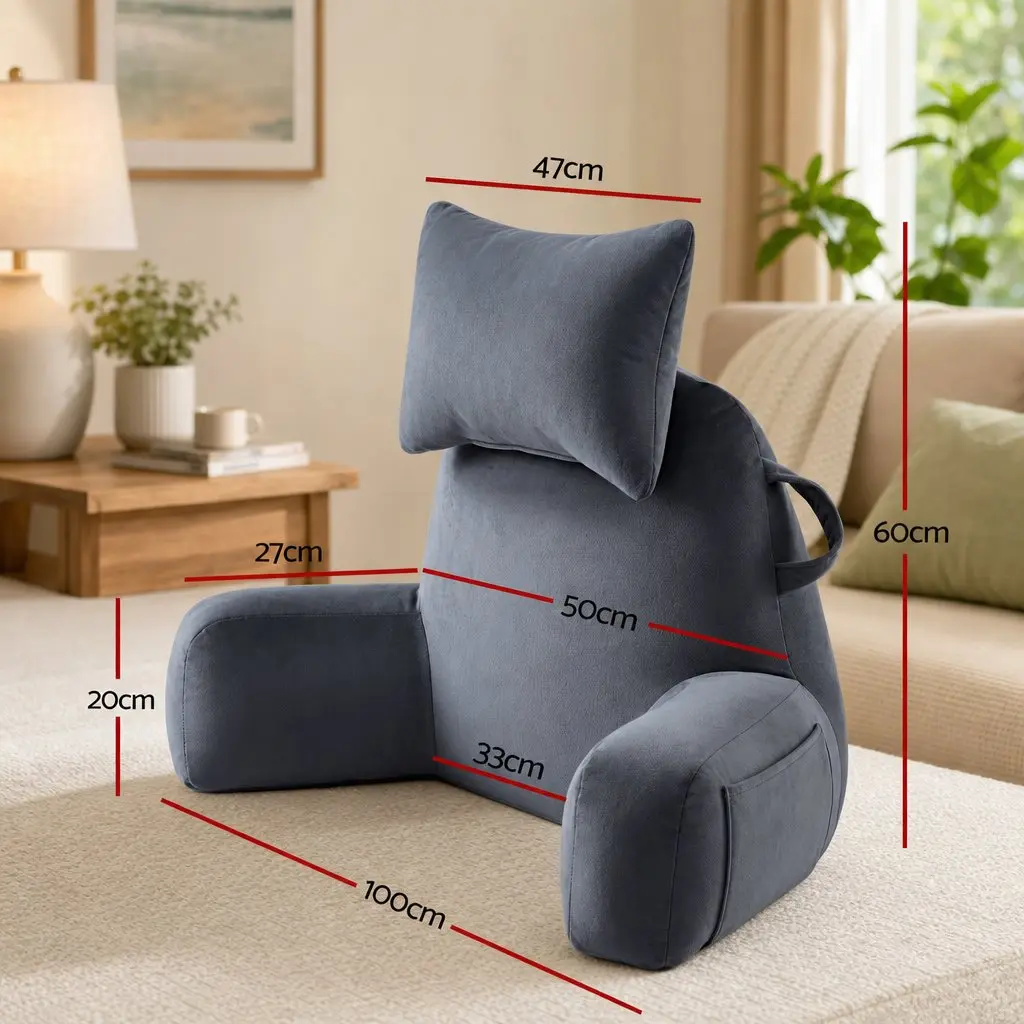 Reading Pillow with Detachable Neck Roll Extended Armrests Grey