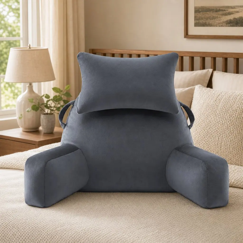 Reading Pillow with Detachable Neck Roll Extended Armrests Grey