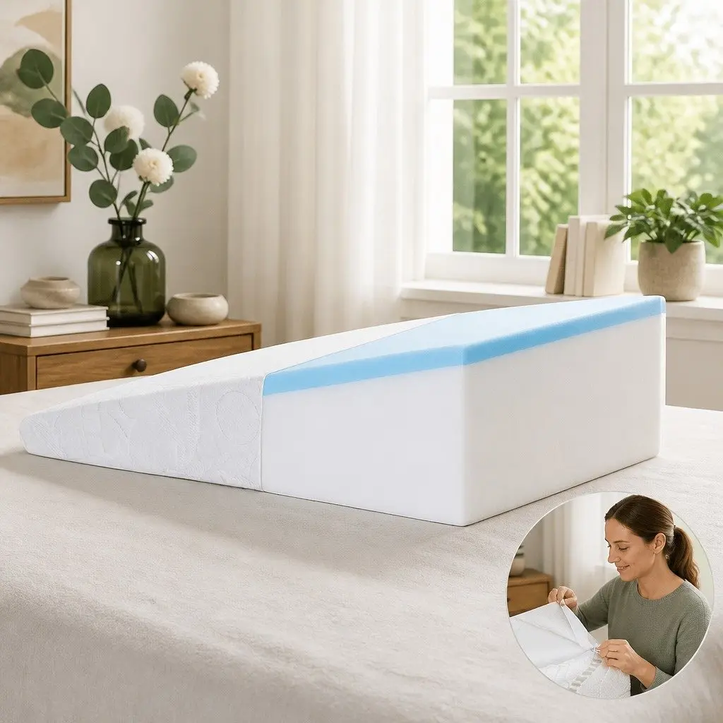 Wedge Pillow Ergonomic Cooling Gel Memory Foam 61 x 62 x 20cm White Bamboo Cover