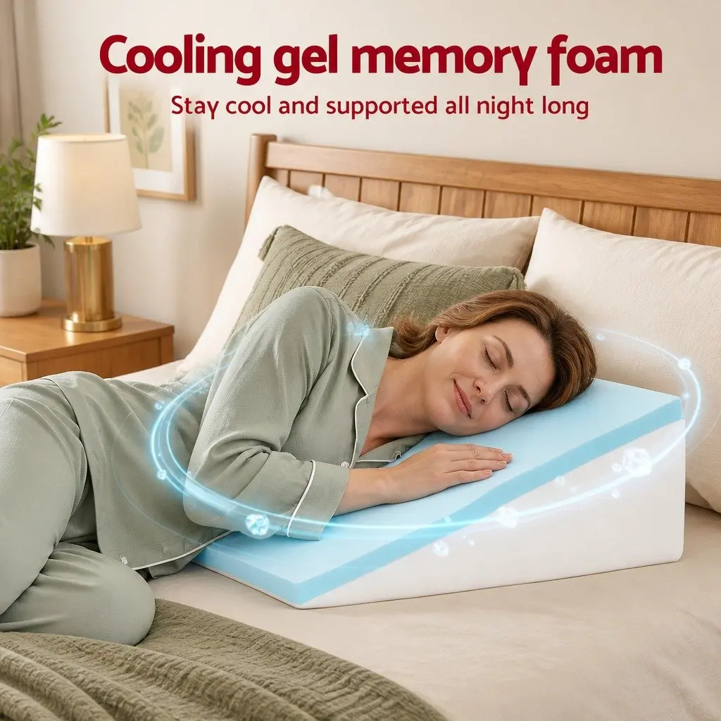 Wedge Pillow Ergonomic Cooling Gel Memory Foam 61 x 62 x 20cm White Bamboo Cover