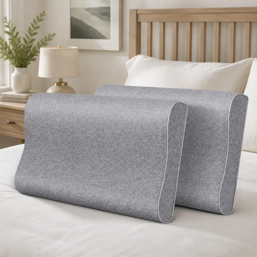 Memory Foam Pillow Pair Bamboo Charcoal Ergonomic Neck Support Grey Removable