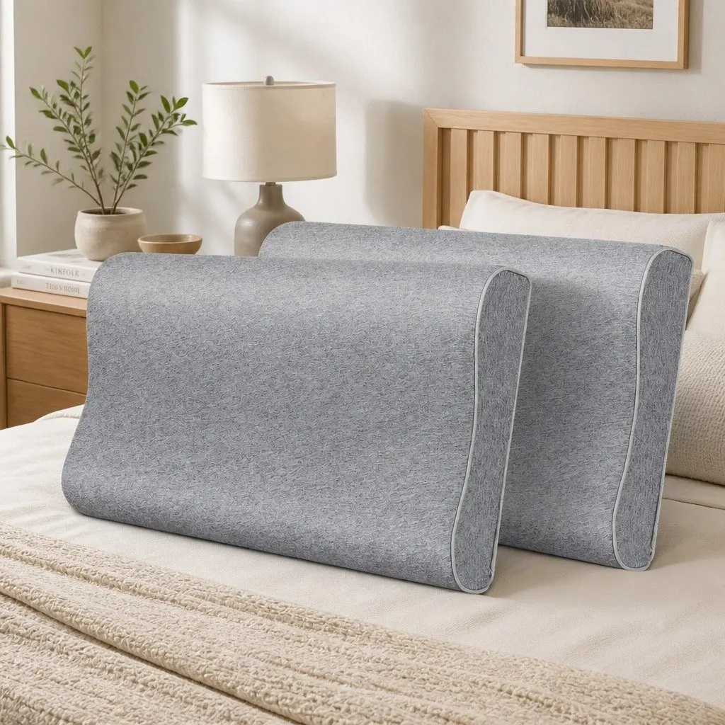 Memory Foam Pillow Pair Bamboo Charcoal Ergonomic Neck Support Grey Removable