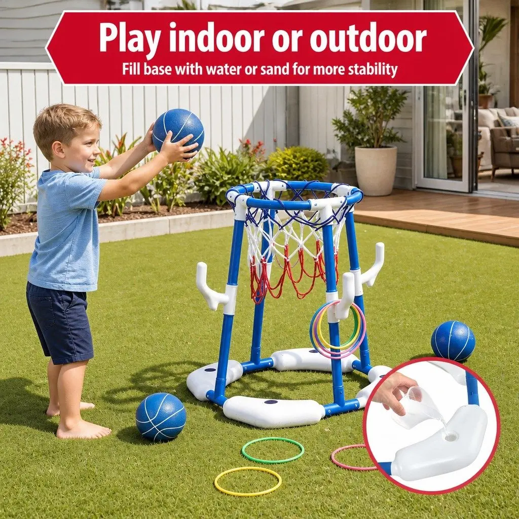 Kids Basketball Hoop Ring Toss 2-in-1 Sports Activity Centre Blue Indoor Outdoor