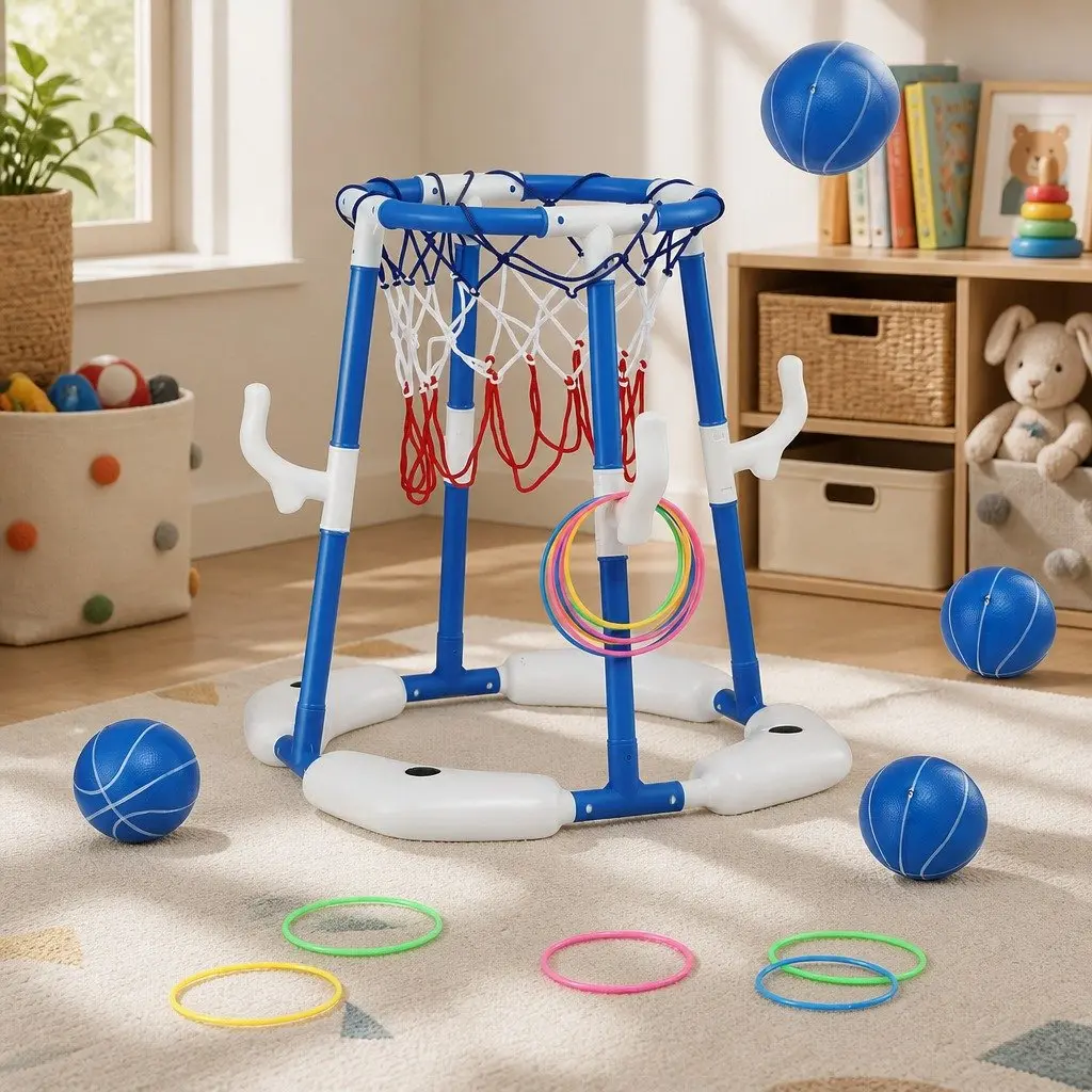 Kids Basketball Hoop Ring Toss 2-in-1 Sports Activity Centre Blue Indoor Outdoor