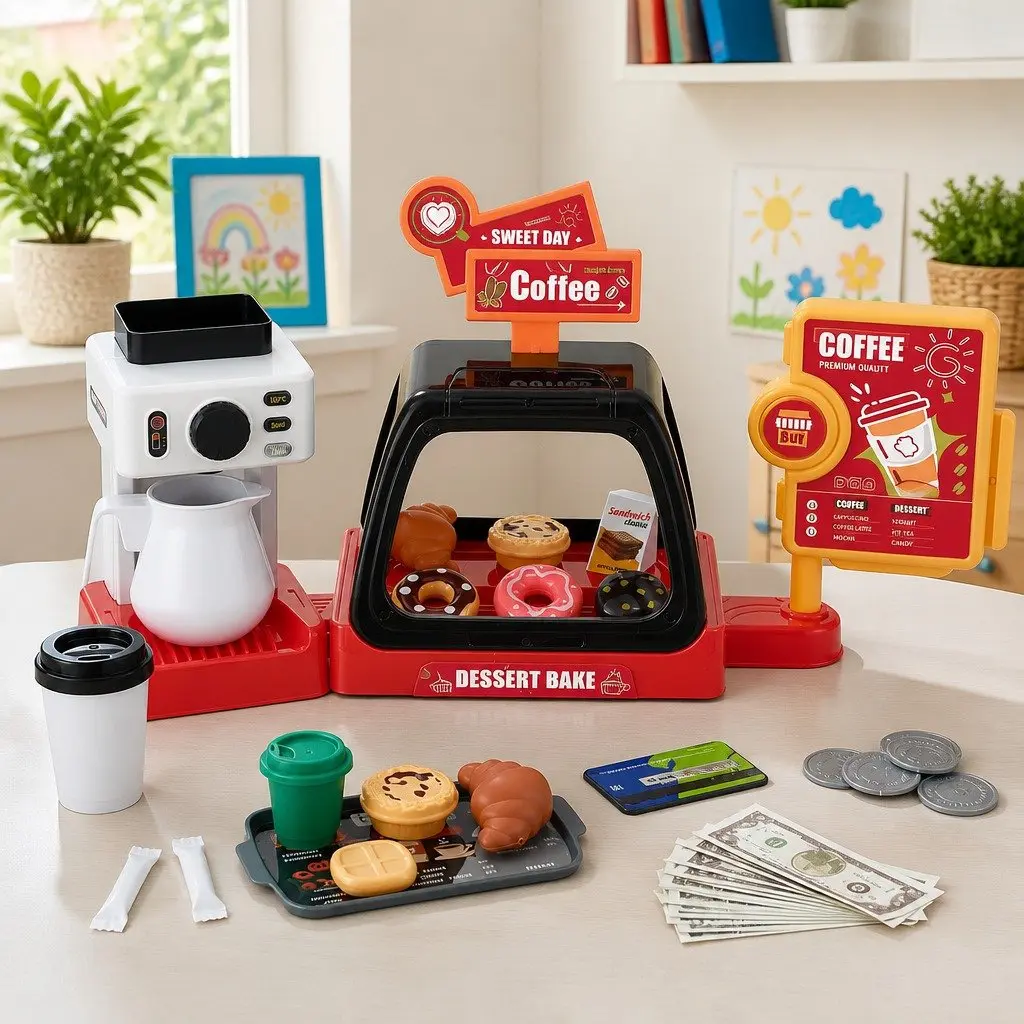 Kids Pretend Play Coffee Shop Set with Coffee Maker Machine 44 x 13 x 20 cm