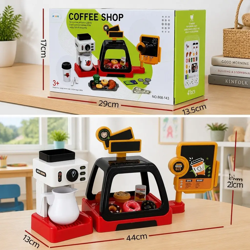 Kids Pretend Play Coffee Shop Set with Coffee Maker Machine 44 x 13 x 20 cm