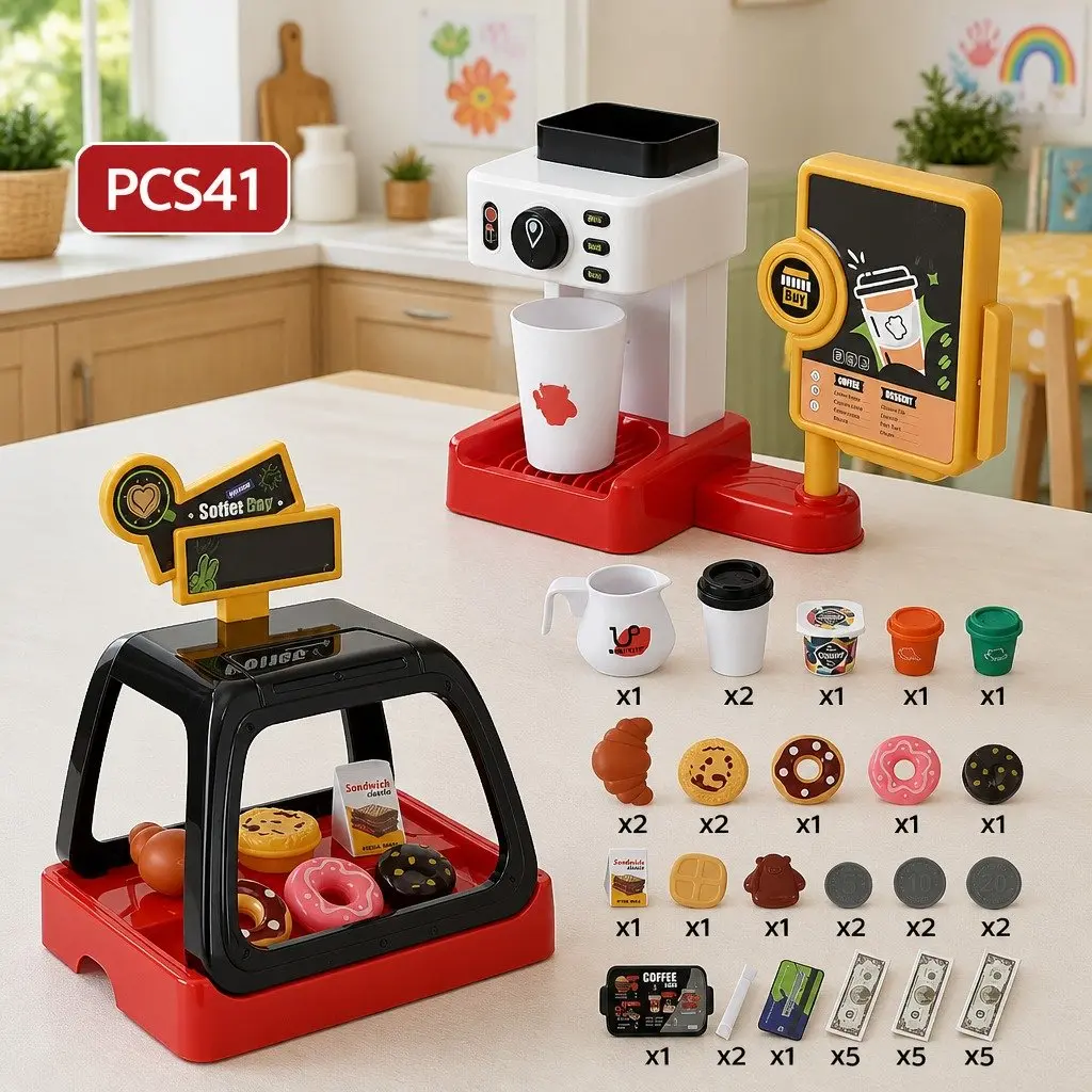 Kids Pretend Play Coffee Shop Set with Coffee Maker Machine 44 x 13 x 20 cm