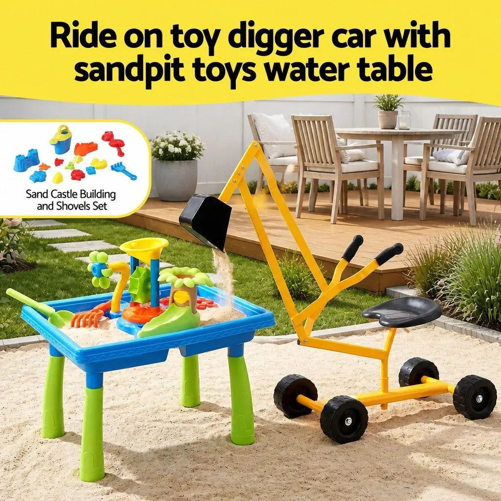 Ride On Digger Toy with Sand Water Table Sandpit Play Set Kids Outdoor
