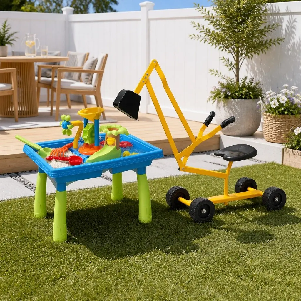 Ride On Digger Toy with Sand Water Table Sandpit Play Set Kids Outdoor