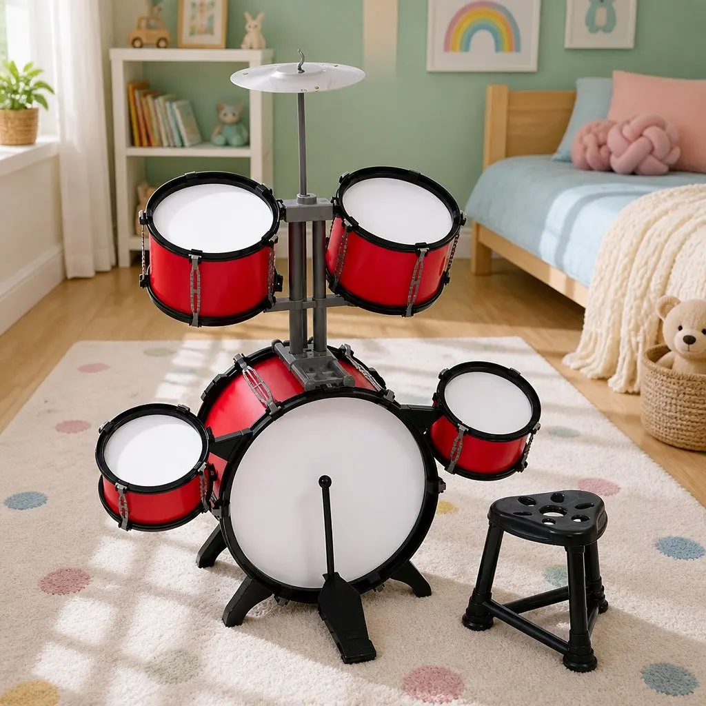 Kids Drum Set 7 Piece Red Musical Instrument with Bass Drum Toms Cymbal Stool and Drumsticks