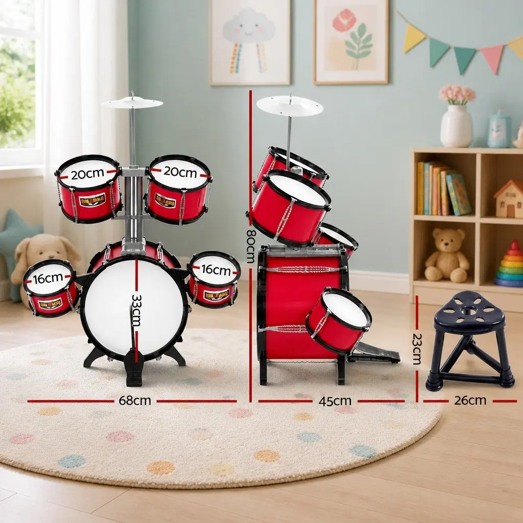 Kids Drum Set 7 Piece Red Musical Instrument with Bass Drum Toms Cymbal Stool and Drumsticks