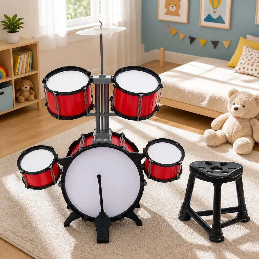 Kids Drum Set 7 Piece Red Musical Instrument with Bass Drum Toms Cymbal Stool and Drumsticks