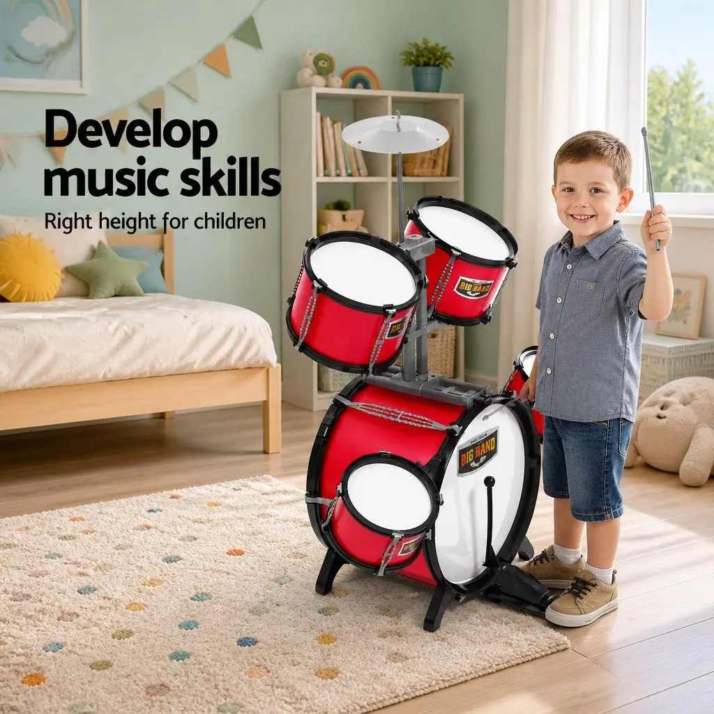 Kids Drum Set 7 Piece Red Musical Instrument with Bass Drum Toms Cymbal Stool and Drumsticks
