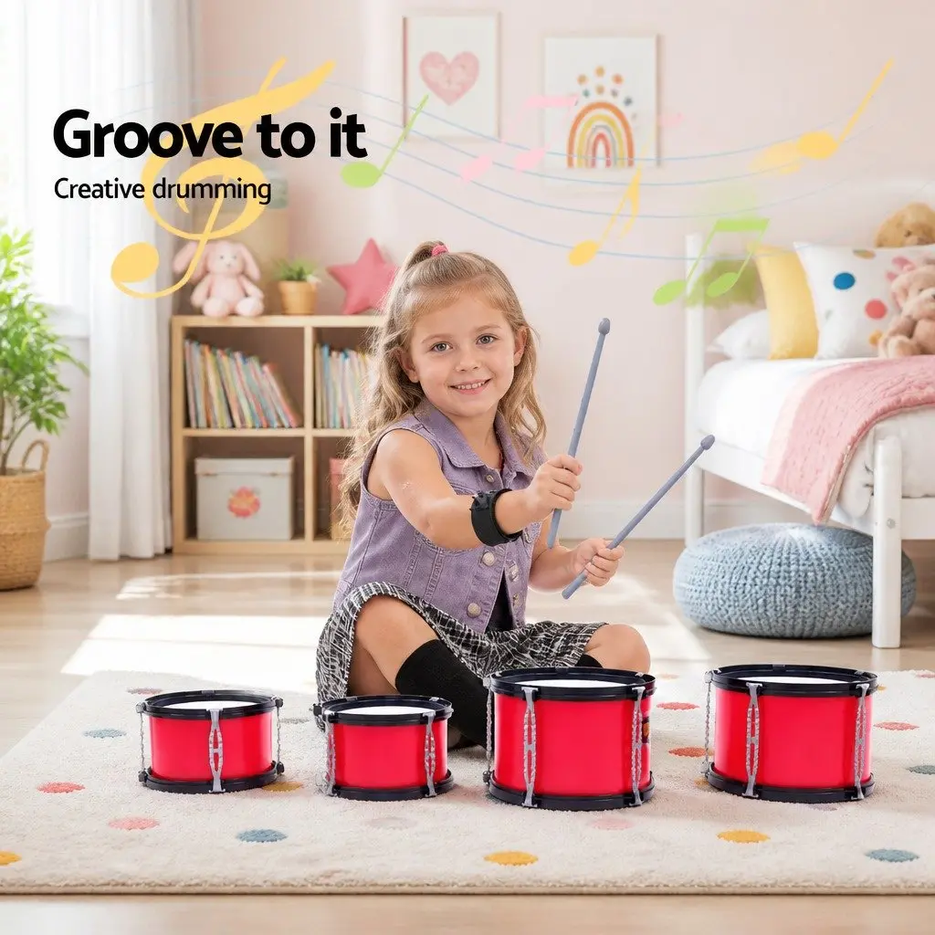 Kids Drum Set 7 Piece Red Musical Instrument with Bass Drum Toms Cymbal Stool and Drumsticks