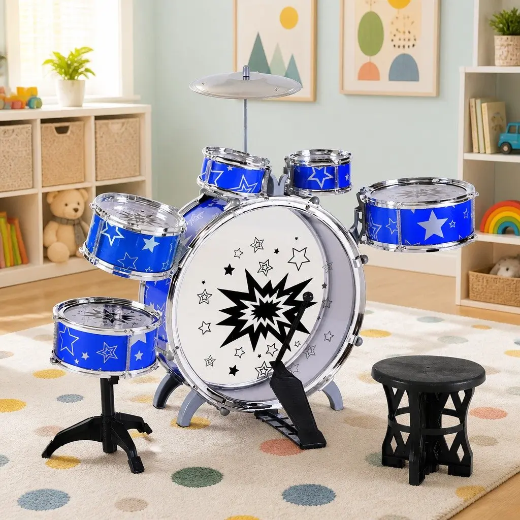 Kids Drum Set 11 Pieces Blue with Stool Drumsticks Cymbal