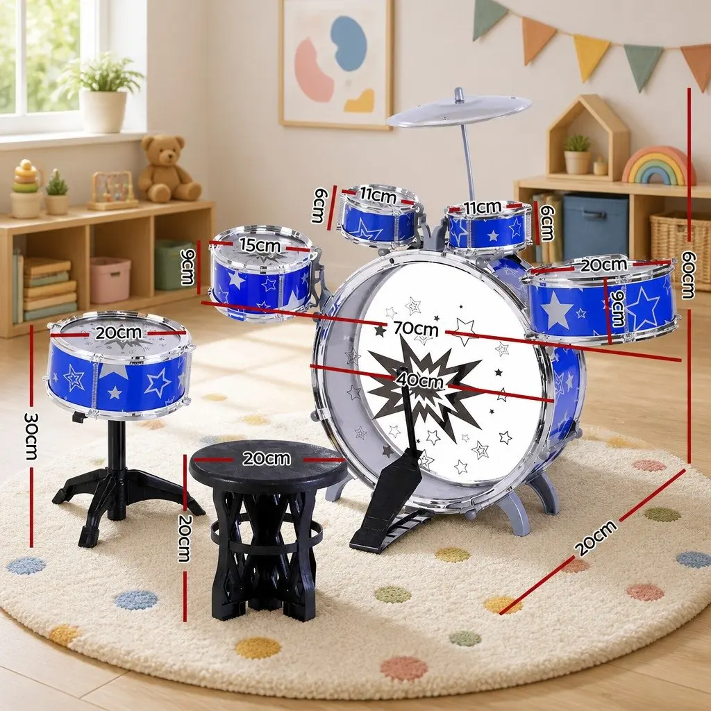 Kids Drum Set 11 Pieces Blue with Stool Drumsticks Cymbal