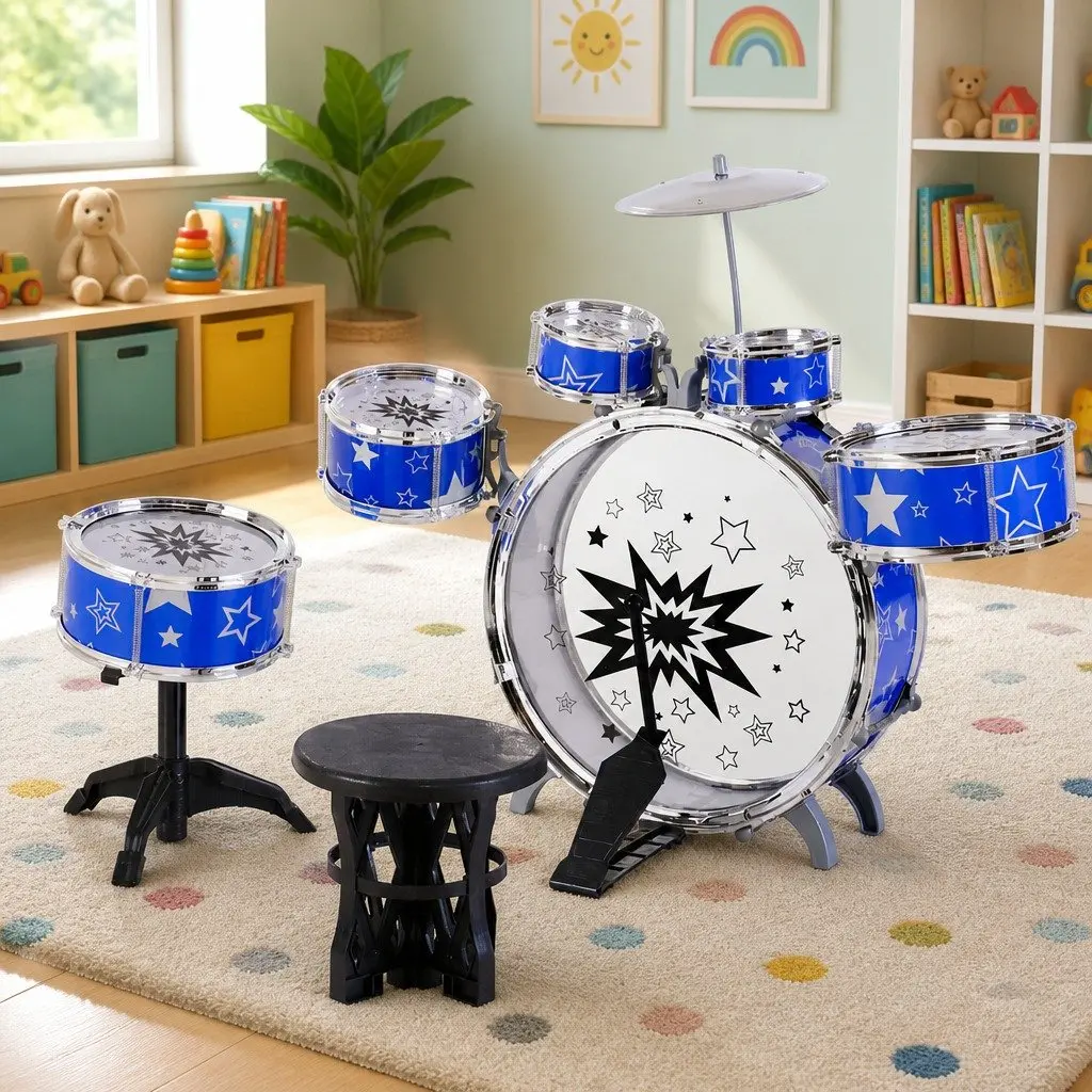 Kids Drum Set 11 Pieces Blue with Stool Drumsticks Cymbal