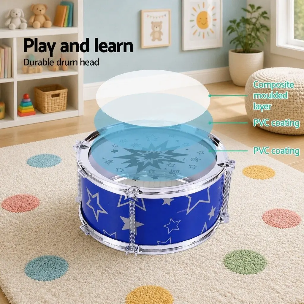 Kids Drum Set 11 Pieces Blue with Stool Drumsticks Cymbal