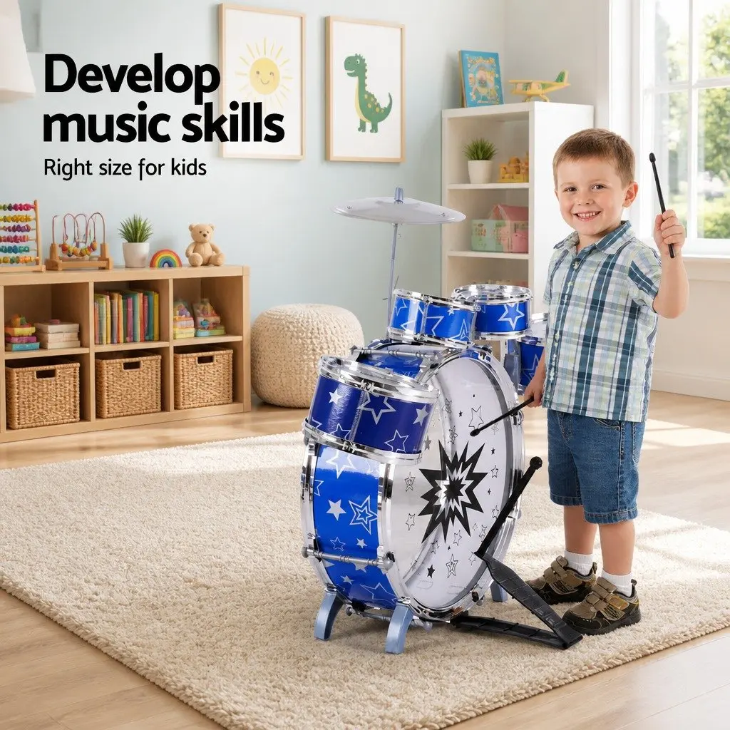 Kids Drum Set 11 Pieces Blue with Stool Drumsticks Cymbal