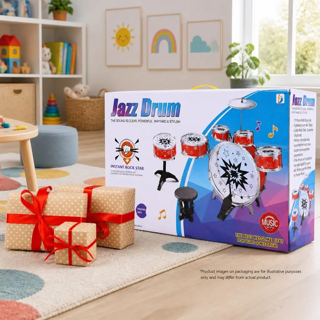 Kids Drum Set 11 Pieces Blue with Stool Drumsticks Cymbal