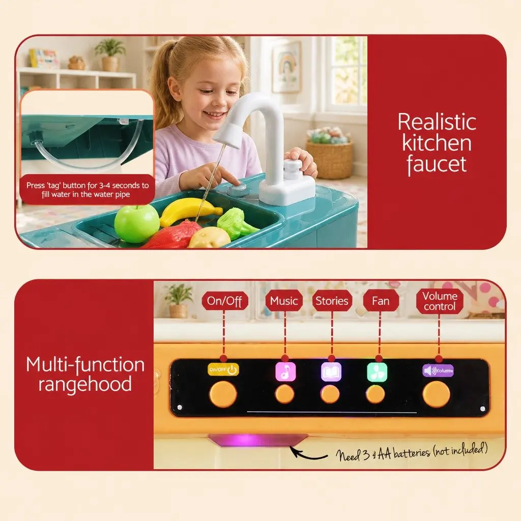 Pretend Play Kitchen Set Electronic Stovetop Play Sink Multicoloured 73 Piece