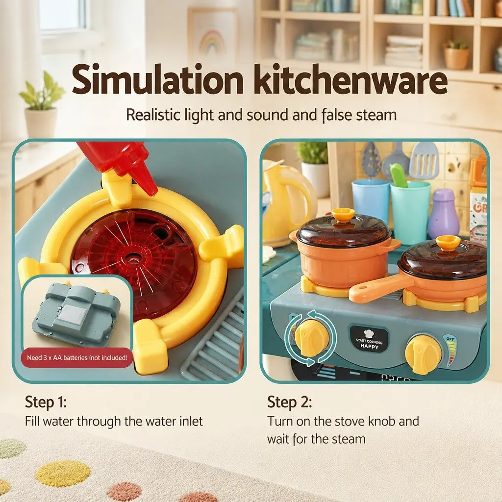 Pretend Play Kitchen Set Electronic Stovetop Play Sink Multicoloured 73 Piece