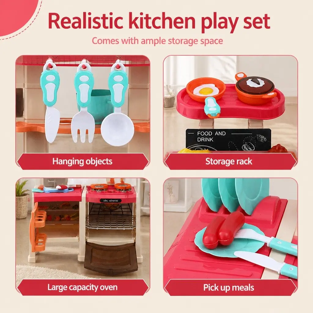 Kids Pretend Play Kitchen Set with Water Steam Light Sound Effects Multicolour 52 x 24 x 70cm
